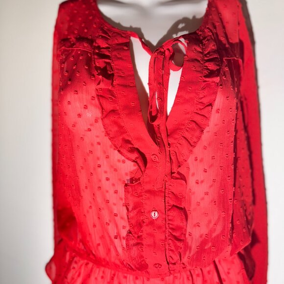 This LUSH red long sleeve blouse features a romantic Swiss dot texture and light - Picture 11 of 11
